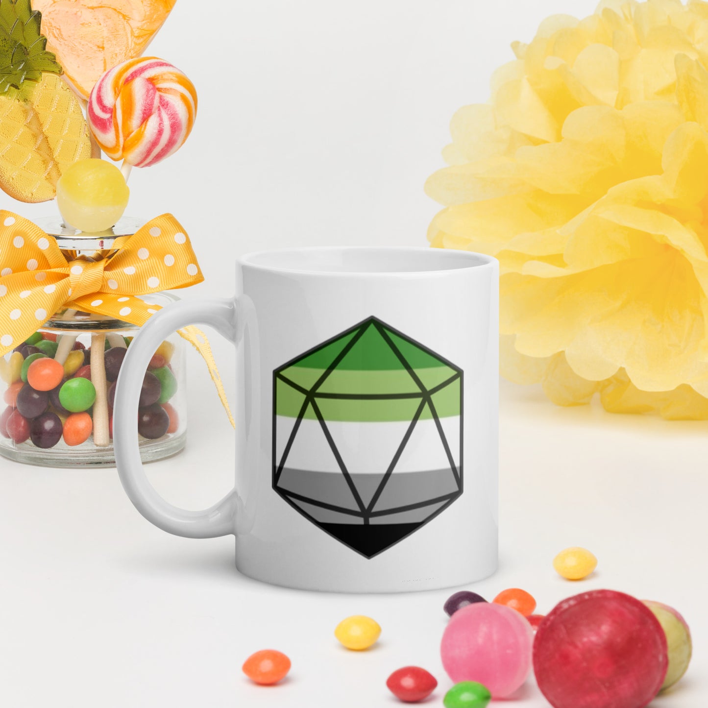 Pride Dice - Aromantic - Weiße, glänzende Tasse