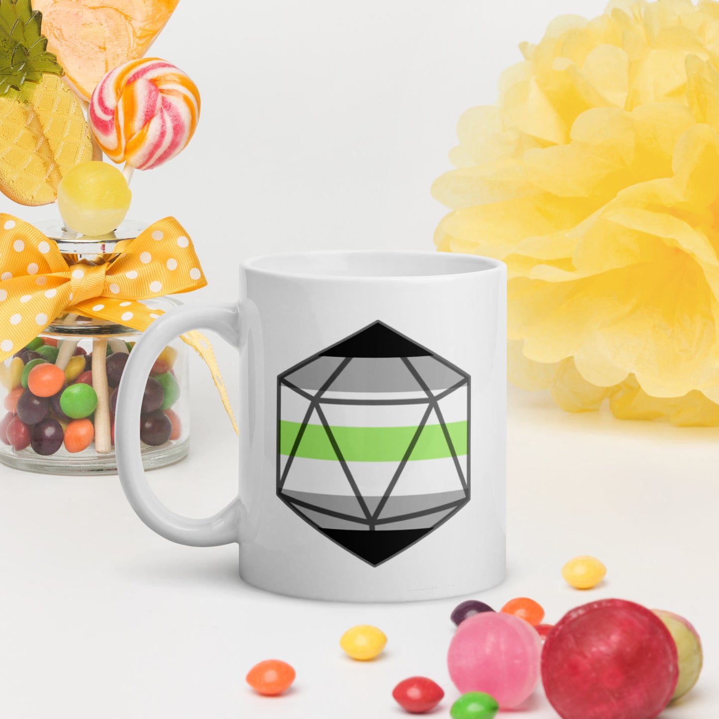 Pride Dice - Agender - Weiße, glänzende Tasse
