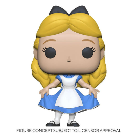Funko POP! Figur Alice in Wonderland. Eine Frau mit blonden Haaren und blau-weißem Kleid